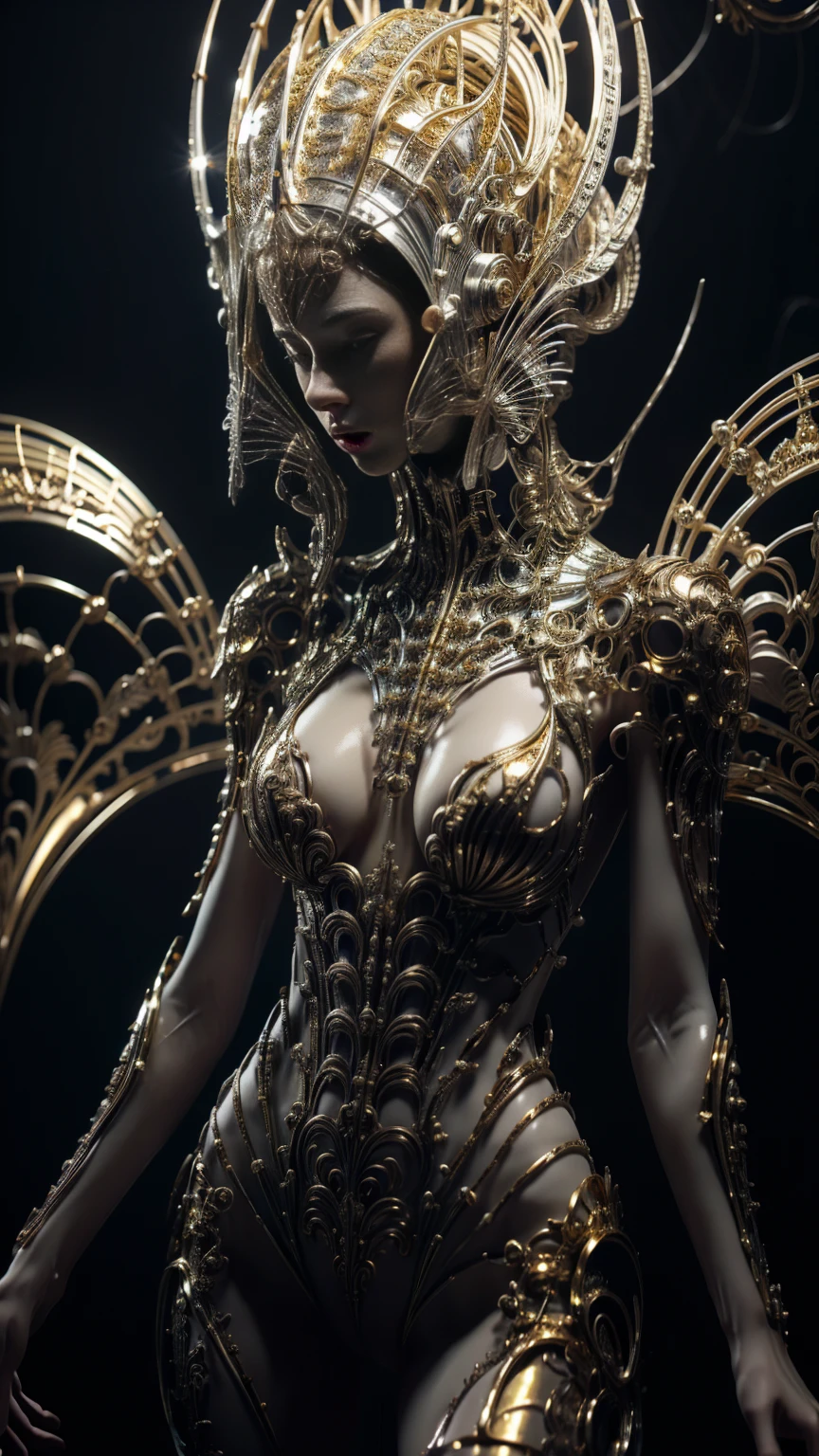 girl with futuristic mechanical armor in black and with gold metallic details,  body image of legs upwards , open legs,  very thick vagina showing ,  thick and muscular legs and arms ,  big breasts,  semi-mechanical semi-human design , Korean girl's face , spectacular bottom angle,  movie lighting ,  intricate and highly detailed mechanical details ., sharp focus,   photorealistic hoodie  , 8K,  masterpiece,  Very detailed and well-defined face .,