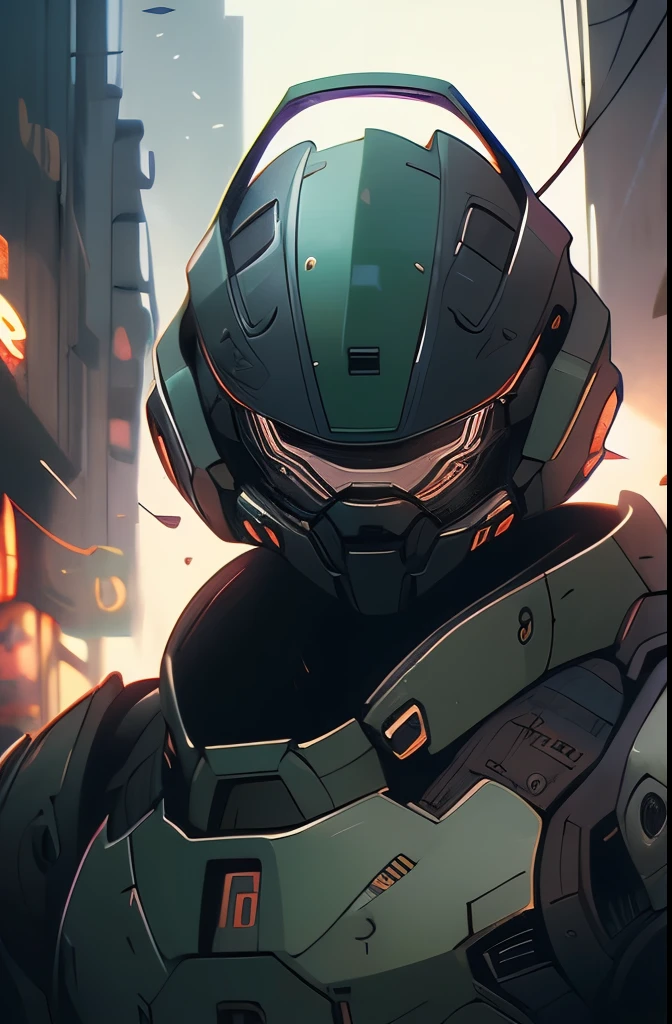 a close up of a person in a helmet in the rain, master chief, halo master chief, master chief from halo, halo infinite!!, master chief in cyberpunk city, vibrant fan art, halo, fantasy art of doom slayer, adam driver as master chief, epic art style, from doom and halo, spartan, epic video game art, odst, halo infinite