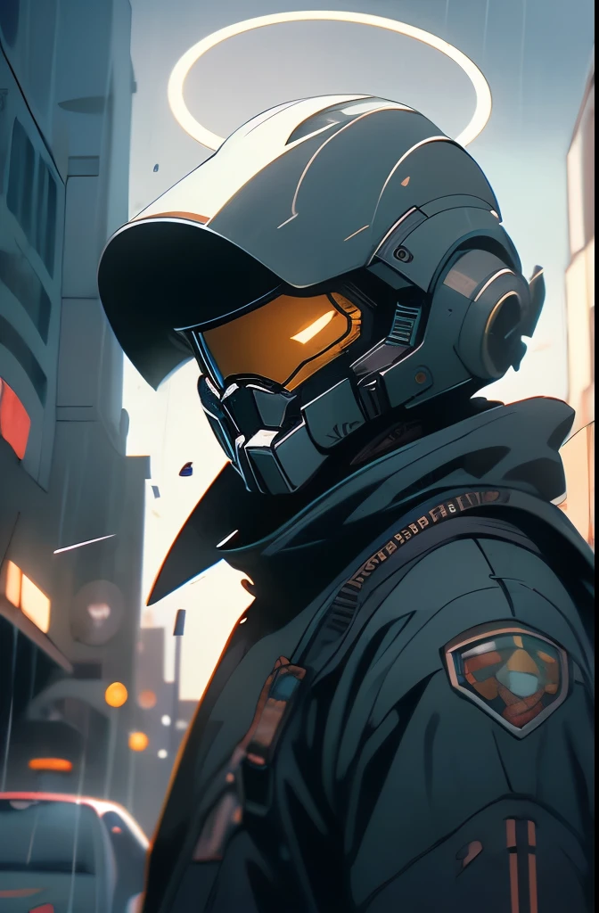 a close up of a person in a helmet in the rain, master chief, halo master chief, master chief from halo, halo infinite!!, master chief in cyberpunk city, vibrant fan art, halo, fantasy art of doom slayer, adam driver as master chief, epic art style, from doom and halo, spartan, epic video game art, odst, halo infinite