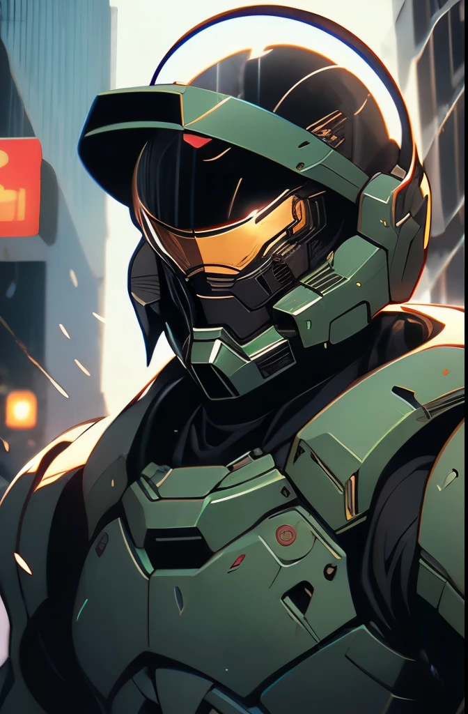 a close up of a person in a helmet in the rain, master chief, halo master chief, master chief from halo, halo infinite!!, master chief in cyberpunk city, vibrant fan art, halo, fantasy art of doom slayer, adam driver as master chief, epic art style, from doom and halo, spartan, epic video game art, odst, halo infinite