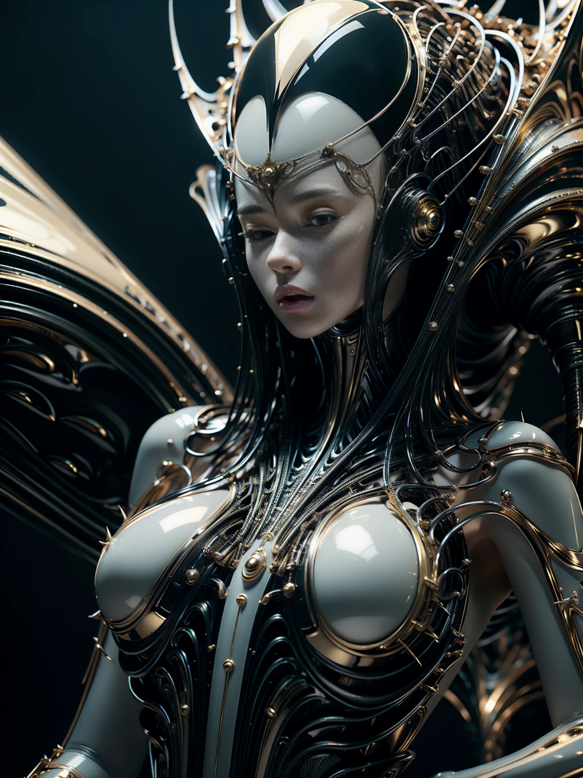  girl with futuristic mechanical armor in black and with gold metallic details,    body image of legs upwards   , open legs,   very thick vagina showing  ,   thick and muscular legs and arms  ,   big breasts,   semi-mechanical semi-human design  , Korean girl's face  ,  spectacular lower angle  ,   Film lighting  ,   intricate and highly detailed mechanical details . ., sharp focus,    photorealistic hoodie    , 8K,   masterpiece,    Very detailed and well-defined face  .,