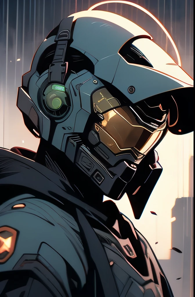 a close up of a person in a helmet in the rain, master chief, halo master chief, master chief from halo, halo infinite!!, master chief in cyberpunk city, vibrant fan art, halo, fantasy art of doom slayer, adam driver as master chief, epic art style, from doom and halo, spartan, epic video game art, odst, halo infinite