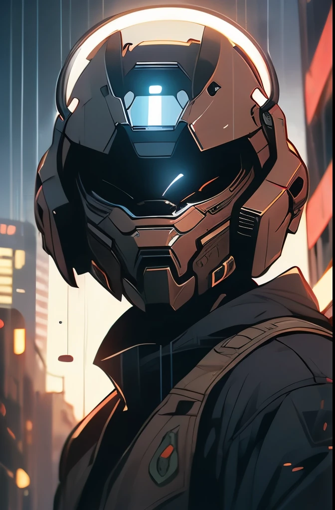 a close up of a person in a helmet in the rain, master chief, halo master chief, master chief from halo, halo infinite!!, master chief in cyberpunk city, vibrant fan art, halo, fantasy art of doom slayer, adam driver as master chief, epic art style, from doom and halo, spartan, epic video game art, odst, halo infinite