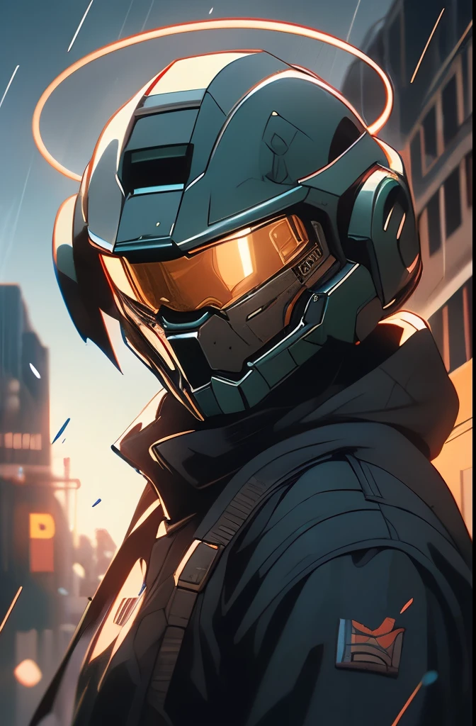 a close up of a person in a helmet in the rain, master chief, halo master chief, master chief from halo, halo infinite!!, master chief in cyberpunk city, vibrant fan art, halo, fantasy art of doom slayer, adam driver as master chief, epic art style, from doom and halo, spartan, epic video game art, odst, halo infinite