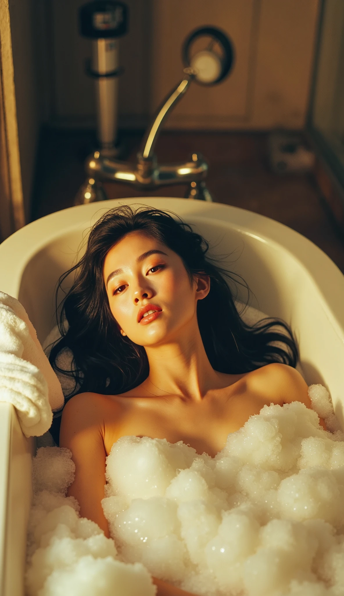 Professional photography, SFW, realistic, Wong Kar-Wai, retro, indoor, shot from top down photo of Asian woman lying in the bathtub, she has long messy black hair, she is bathing, she is smiling gently, she has pretty makeup, the bathtub full of soap foam, photo has bubbles flying in foreground, SFW censored by soap foam, intricate detailed, blurry