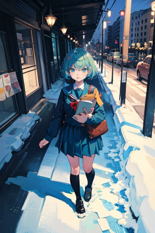 Best Quality,超A high resolution,1girl in,Solo,Full body,Snow,city,, Blue hair,Green eyes,nffsw,School uniform,