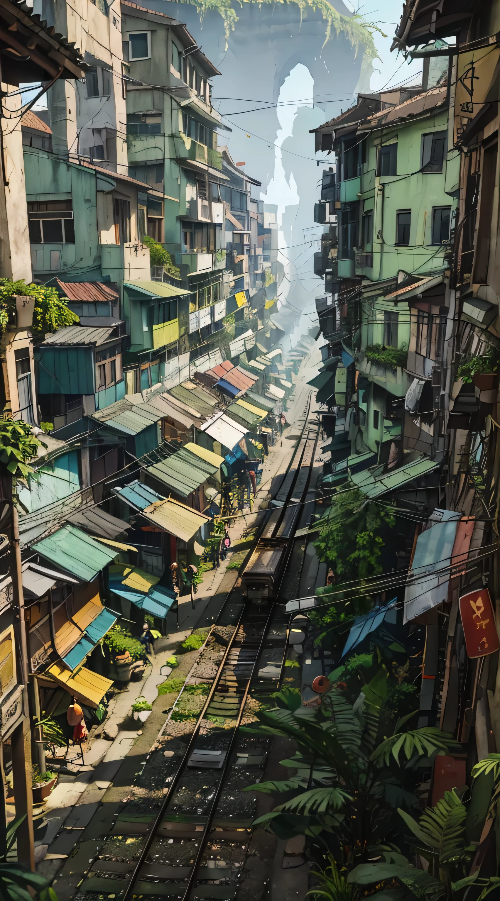 a view of a train track irrow street in the city of hanoi, vietnam - stock image, best on adobe stock, ancient city streets behind her, shutterstock, city, inspired by Steve McCurry, elaborate composition, alamy stock photo, rail tracks, trending on shutterstock, the city is full of green plants, narrow and winding cozy streets, grin face, young, (Masterpiece), ((Blue skin)), (best detail), digital art, (best qualtiy), Cinematic texture, ((Avatar style)), beautiful pupil, The background is jungle, the rainforest, big leafs