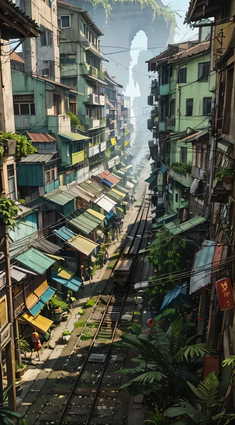 a view of a train track irrow street in the city of hanoi, vietnam - stock image, best on adobe stock, ancient city streets behi...