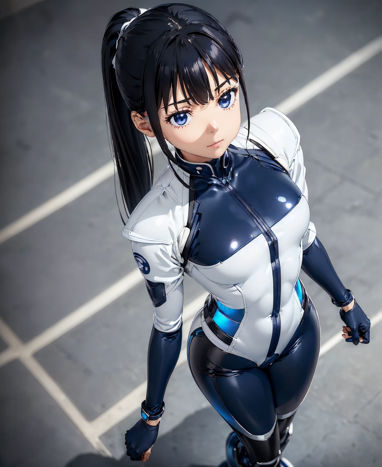 ((Holographic glow effect)),(masterpiece,Best Quality, highest resolution ,Clear_image,Detailed details,The angle is from above): (solo,A girl alone,Japanese Faces,High knot ponytail,Dark blue hair girl,Small breasts,( perfect bodies :1.4),Sparkling blue eyes,(White and navy blue pilot suit,White and navy blue zero suit,White and navy bodysuit,White and navy tight-fitting clothing,Wear full white and navy blue cover,White and navy thigh-covering pants,White and navy shoulder cover outfit,White and navy cropped jacket,White and navy shiny clothes,White and navy tight-fitting pants that hide the legs,Armor to hide the chest,Hide your shoulders), very delicate and beautiful,Detailed Skin,Slim body,Exoskeleton,Cute,A gentle smile,Soft expression,heroine,White and navy blue long boots,Elbow-length gloves),Mirror-polished floor,inoue takina,cockpit,Mecha,mechanical body,Fantasy,ROMANCE,CIENTIFCA,TEEROR,COMICS,NFWS,hero,JK,Kneel,Mirror-polished floor