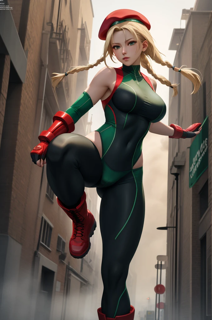 Best Quality, 8k, High resolution, masterpiece:1.5, (ultra detailed), sharp focus, crisp details, absurdres, ((ultra high res)), cammy white, Beautiful Finger, Beautiful long legs, Beautiful athletic body, beautiful breasts, Beautiful Nose, perfect face, 2 antenna hair, absurdly long twin braids, red Beret, Shine Plain green high cut bodysuit, red gloves,  red Handguards, thong, Sleeveless, Bare legs, red Tactical Boots, official art, unreal engine, Sexual, town, London, fog, early morning, dynamic angle, face focus, looking at viewer, photo realistic, extremely detailed CG, vibrant colors, fighting stance, leg High up,