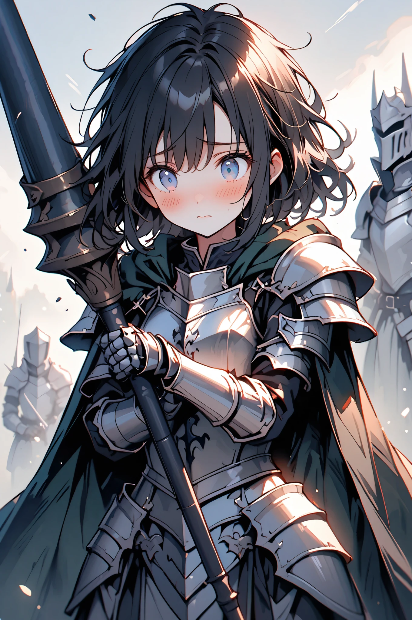 female focus, tall, cowboy shot, armor, knight, feminine armor, cropped hair, messy hair, black hair, broad shoulders, slightly bulky body, blue eyes, shy smile, fluttering, close up, cape, adult, heroic, town, large female, muscular, receiving flowers, cheering crowd, 