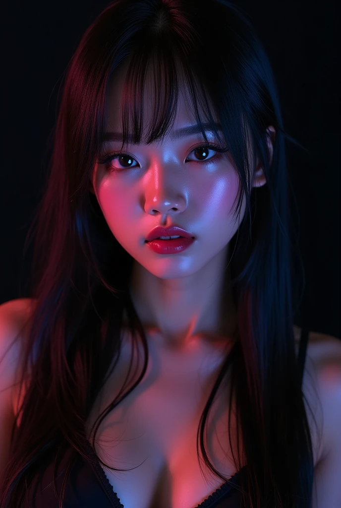 asian high school girl with long straight black hair and a fringe in the middle of the forehead, with big eyes and huge eyelashes, Lewd, horny, huge breasts, edgy graphic design with a multi neon colored palette, (sexy pose), seducing camera, big black eyes, ulzzang, portrait, (anime), manga, sexy, Latex, 8ｋ,Highest quality,masterpiece, Sharp focus, solid black background, soft lighting, 
