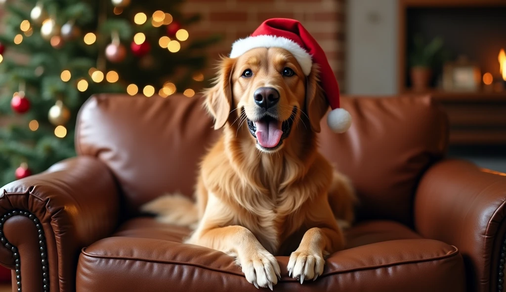 The image features a golden retriever dog sitting on a brown leather couch, wearing a festive Santa hat. The dog appears calm and is looking directly at the camera, creating a sense of engagement with the viewer. The background includes a decorated Christmas tree with lights and ornaments, adding a holiday atmosphere to the scene. The colors are warm and cozy, with earthy tones dominating the palette. The setting suggests a comfortable and festive indoor environment, likely a living room. The overall mood of the image is cheerful and inviting, capturing the essence of a holiday celebration with a beloved pet.