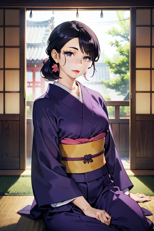 (masterpiece, Best Quality,  unity 8k Wallpaper ,  High Resolution ), Zhou Haoguang, 1 Mature Woman, Alone, (wonderful_beautiful_detailed hair face eyes nose mouth skin, slender:1.3), break (night:1.7), In front of the window, Sitting attentively, in, purple_kimono,sash, Shoji screen, shrine, Japanese_Clothes, black_hair, hair_good, lipstick, Manga, Age 30,  mature woman,  long saggy chest sitting carefully, Looking at the viewer