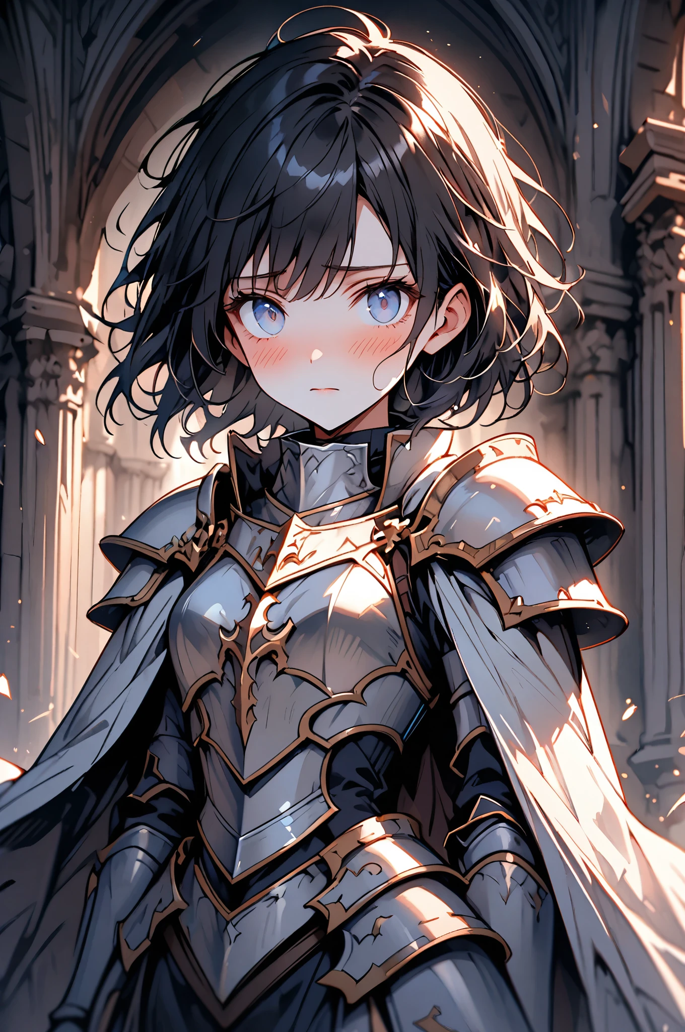 female focus, tall, cowboy shot, armor, knight, feminine armor, cropped hair, messy hair, black hair, broad shoulders, slightly bulky body, blue eyes, shy smile, fluttering, close up, cape, adult, heroic, town, large female, muscular, receiving flowers, cheering crowd, 