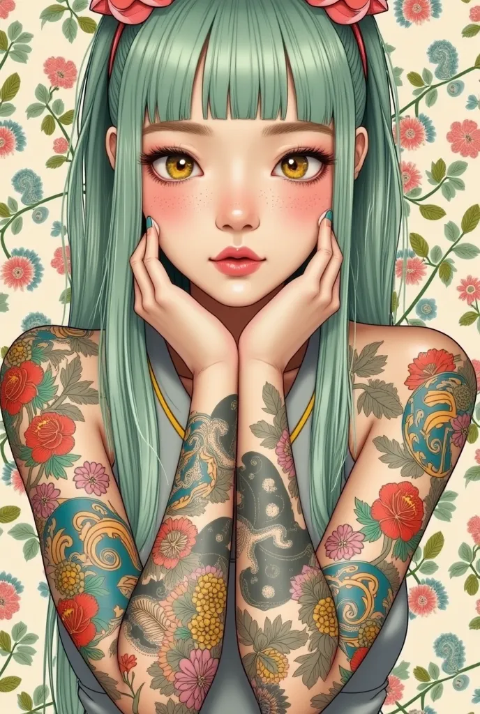 a mesmerizing surreal illustration of a young japanese woman. she has pastel green hair with blunt bangs, yellow eyes, and wears...