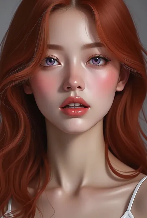 beautiful redhead, purple eyes, heavy blushing, full face blush, nose blush, sexual gaze, mouth open, orgasm face, ahegao,