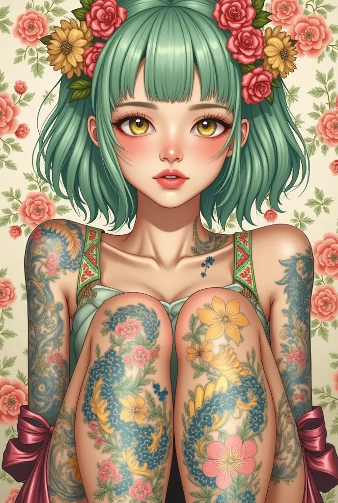 a mesmerizing surreal illustration of a young japanese woman. she has pastel green hair with blunt bangs, yellow eyes, and wears...