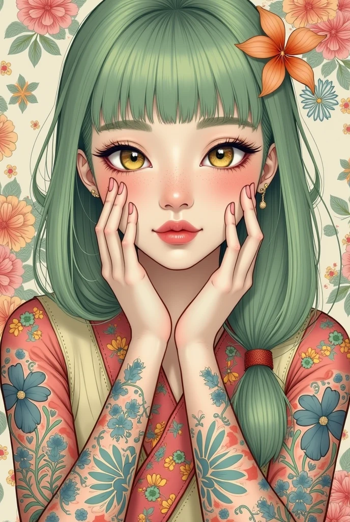 A mesmerizing surreal illustration of a young japanese woman. She has pastel green hair with blunt bangs, yellow eyes, and wears a vibrant pastel colored outfit adorned with intricate floral patterns. Freckles dot her smooth, warm complexion, and bold, colorful tattoos cover her arms and legs. The tattoos feature traditional Japanese motifs like flowers and mythical creatures, rendered with meticulous detail in a pastel color palette. The background is a vintage floral-patterned wallpaper that complements the artwork's colors. The line work is precise, with delicate shading that gives the illustration a 3D quality. The artwork fuses modern illustration techniques with traditional Japanese aesthetics, resulting in a visually striking, portrait,
