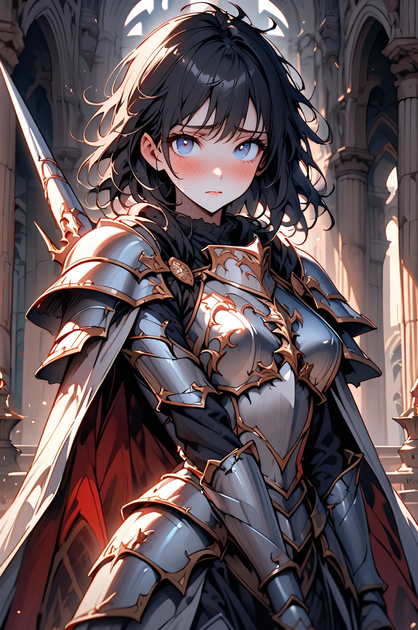 female focus, tall, cowboy shot, armor, knight, feminine armor, cropped hair, messy hair, black hair, broad shoulders, slightly bulky body, blue eyes, shy smile, fluttering, close up, cape, adult, heroic, town, large female, muscular, receiving flowers, cheering crowd, 