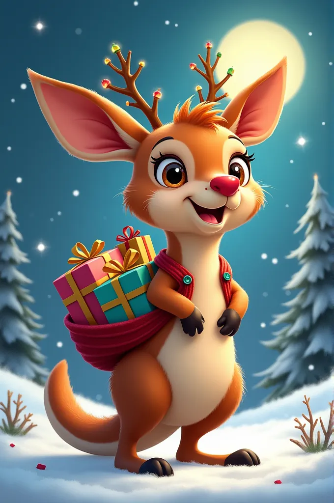 Cartoon, kangaroo mixed with a Christmas reindeer, with presents in its pouch.