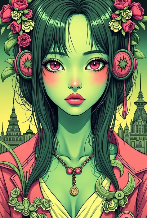 ((best quality)), ((masterpiece)), (detailed), perfect face of cyberpunk mecha japanese girl, neon pink eyes, neon green body, n...