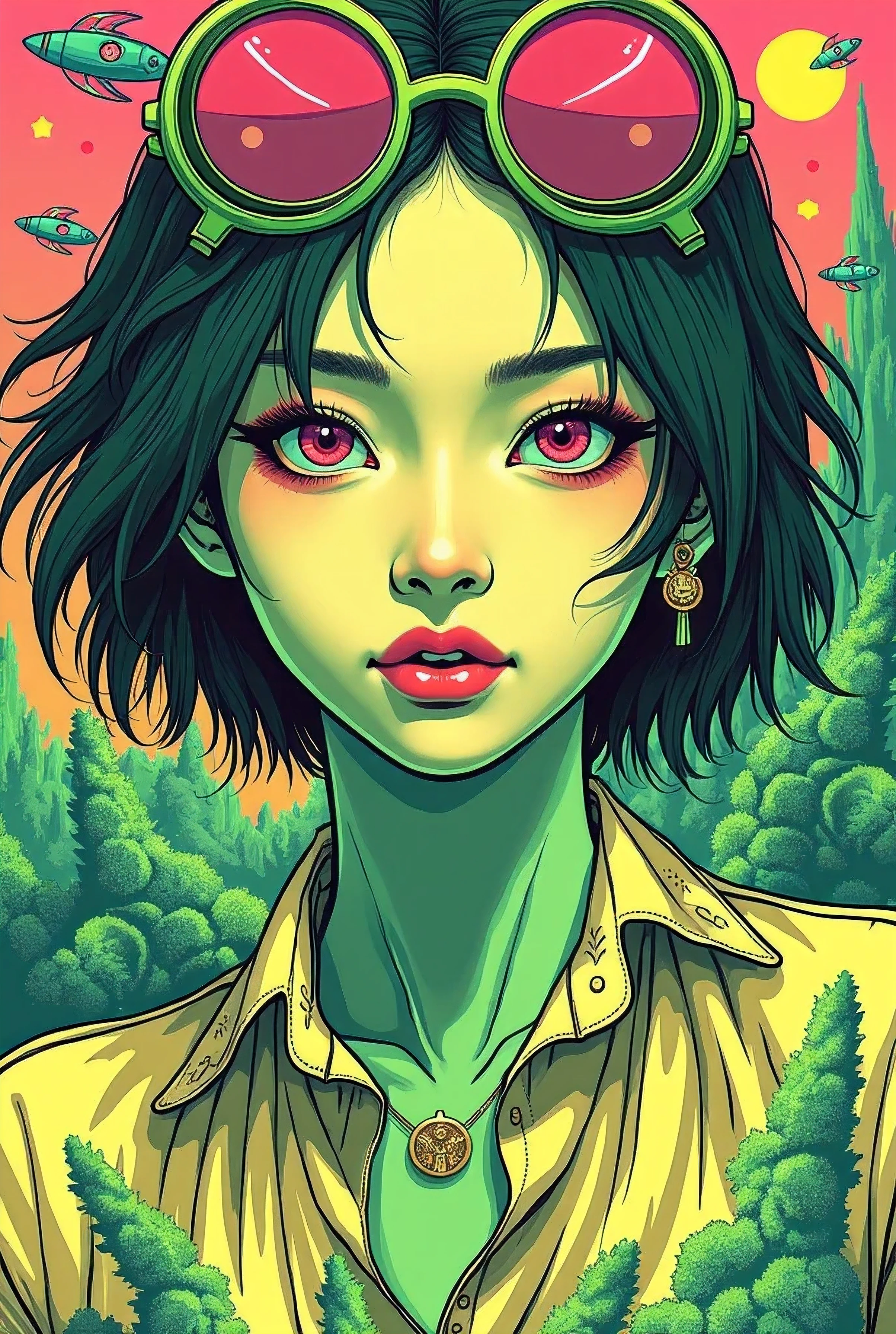 ((best quality)), ((masterpiece)), (detailed), perfect face of cyberpunk mecha japanese girl, neon pink eyes, neon green body, neon green hair, ((monochromatic neon pink, yellow, and green color palette)), surreal, art nouveau, in the illustrative style of moebius, spaceships, aliens, fantasy, sci-fi, graphic novel, line drawing, french retro, bizarre, gallery worthy, work of uncanny art,
