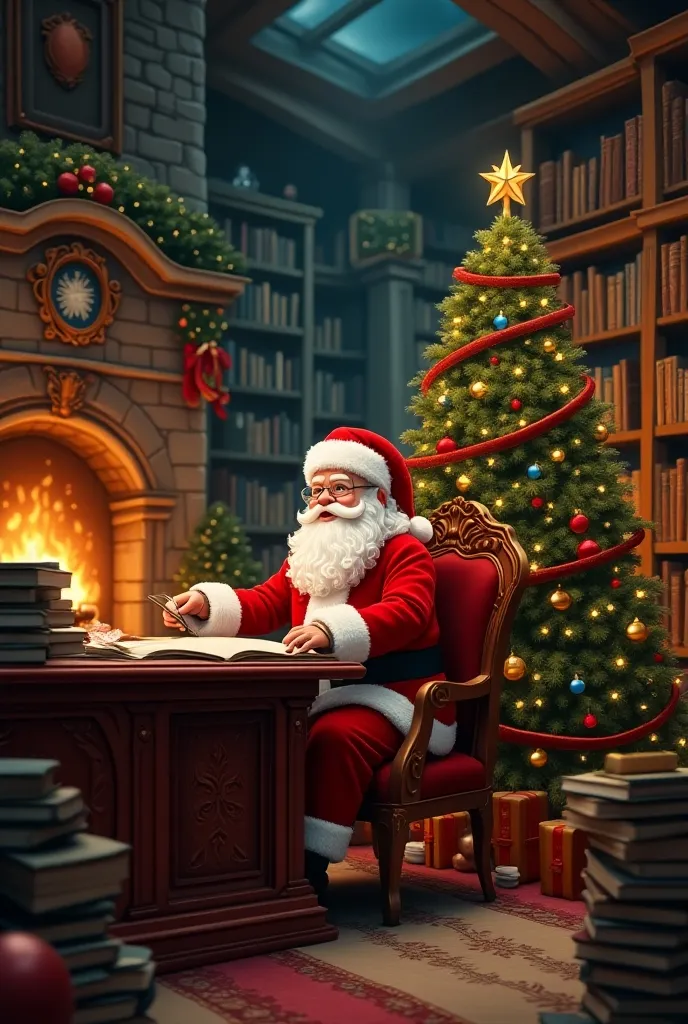  Can you create a photo of Santa Claus's workshop , With a beautiful tree ,  a huge library or a left hundreds of good ren's books in alphabetical order and on the right a hundred bad ren's books.  At best a huge plan where the frame would be red and gold . Un beau bureau rouge et dorée du père Noël et une cheminée décoré rouge et dorée. Bien entendu tout décorée pour Noël 