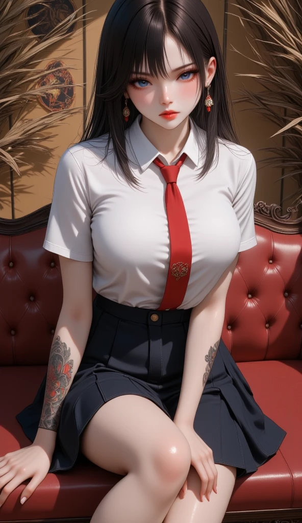 1 girl, shirt, shirtเชิ้ตคอปก, shirtเชิ้ตแขนสั้น, necktie,, Tattoos , sit, skirt, skirtพลีท, sofa, Wide Thatch Images , Looking down from above, background,  Halloween Style