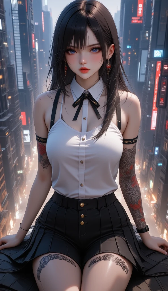 1 girl, shirt, shirtเชิ้ตคอปก, shirtเชิ้ตแขนสั้น, necktie, Tattoos , sit, skirt, skirtพลีท,  Skyline of Tall Buildings, nighttime, city, Wide Thatch Images , Looking down from above, background,  Halloween Style, Cyberpunk 