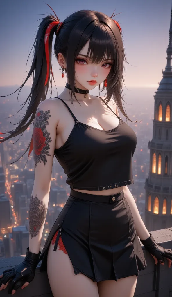 1 girl, cyberpunk , shirt, shirtคลุม, tattoos , stand, skirt, skirtพลีท,  skyline of tall buildings, nighttime, city, wide angle...