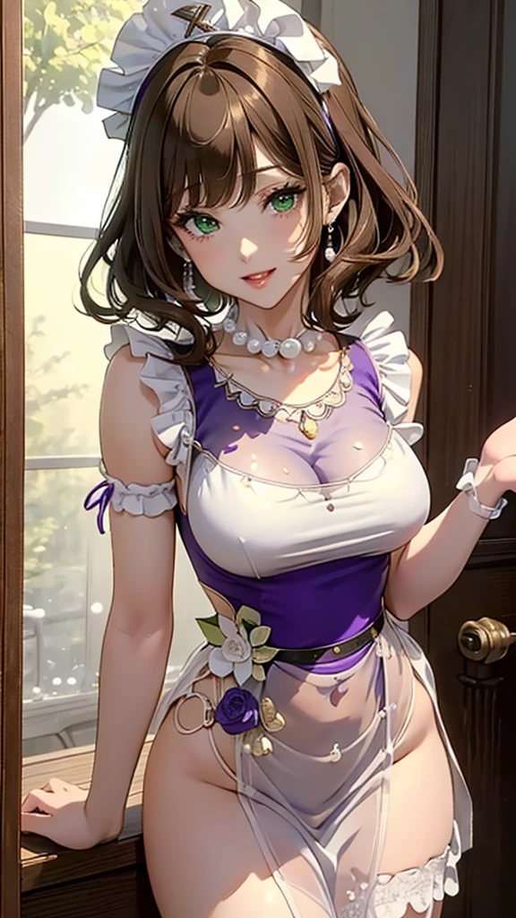 A masterpiece of the highest order, ultra high precision, ultra high image quality, 8K quality, realistic anime style, a woman, a perfect woman with the best anatomical and ergonomic face and body, a well-proportioned face and body, (((Short hair))), (((shiny light brown hair, long bangs))), a slim face, ((narrow light green eyes)), deep glossy and shining eyes, eyes with highlights, very long eyelashes, thin red lips, a tall and slender body, very large breasts, a tight waist, large hips, white skin, moist and lustrous skin, (((Gorgeous Shiny Pearl see-through purple colored Japanese maid dress))), ((Maid head dress, Collar, cuffs)), a large pearl necklace, large earrings, thick bangs, a beautiful smile, a mysterious atmosphere, a great presence, upper body,
