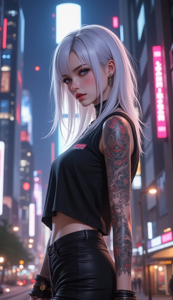 Pure white hair, 1cyberpunk girl , shirt, shirtคลอป, Tattoos , stand, skirt, skirtพลีท,  Skyline of Tall Buildings, nighttime, city, Wide angle view, View from the side, High angle view, cyber art