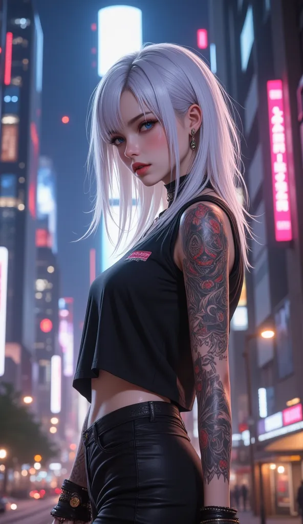 pure white hair, 1cyberpunk girl , shirt, shirtคลอป, tattoos , stand, skirt, skirtพลีท,  skyline of tall buildings, nighttime, c...