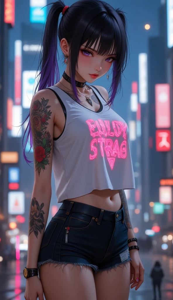 cyberpunk girl , shirt, Closure , Tattoos , stand, skirt, skirtพลีท,  Skyline of Tall Buildings, nighttime, city, Wide angle view, View from the side, High angle view, cyber art, Dark tone,  optical difference, intensive, Neon