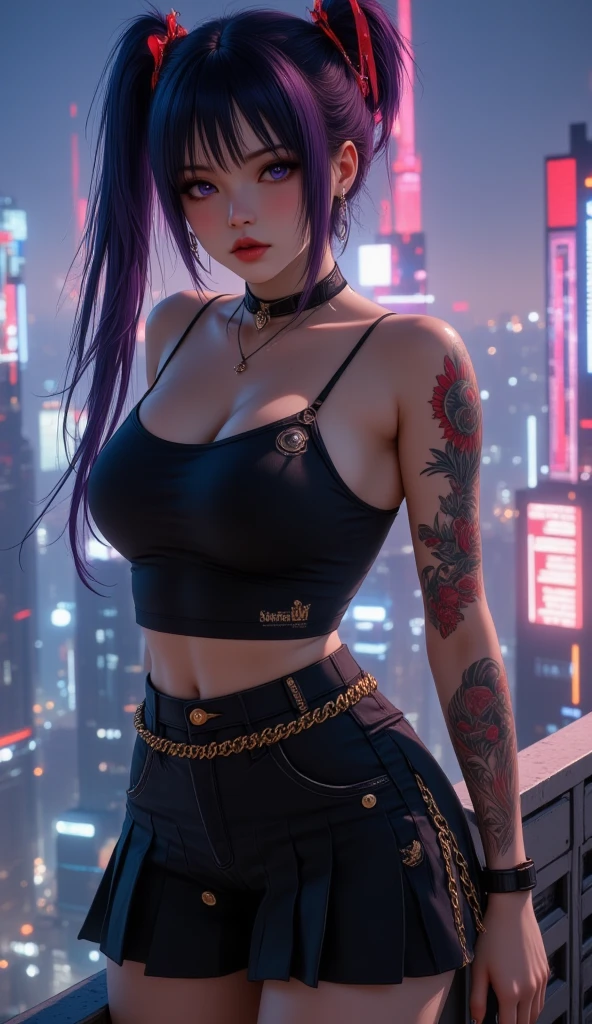 A cyberpunk girl standing on top of a high-rise building in a futuristic city, wearing a tight-fitting bodysuit with tattoos, pleated skirt, looking out over the city skyline at night, dramatic lighting, strong contrast, neon colors.