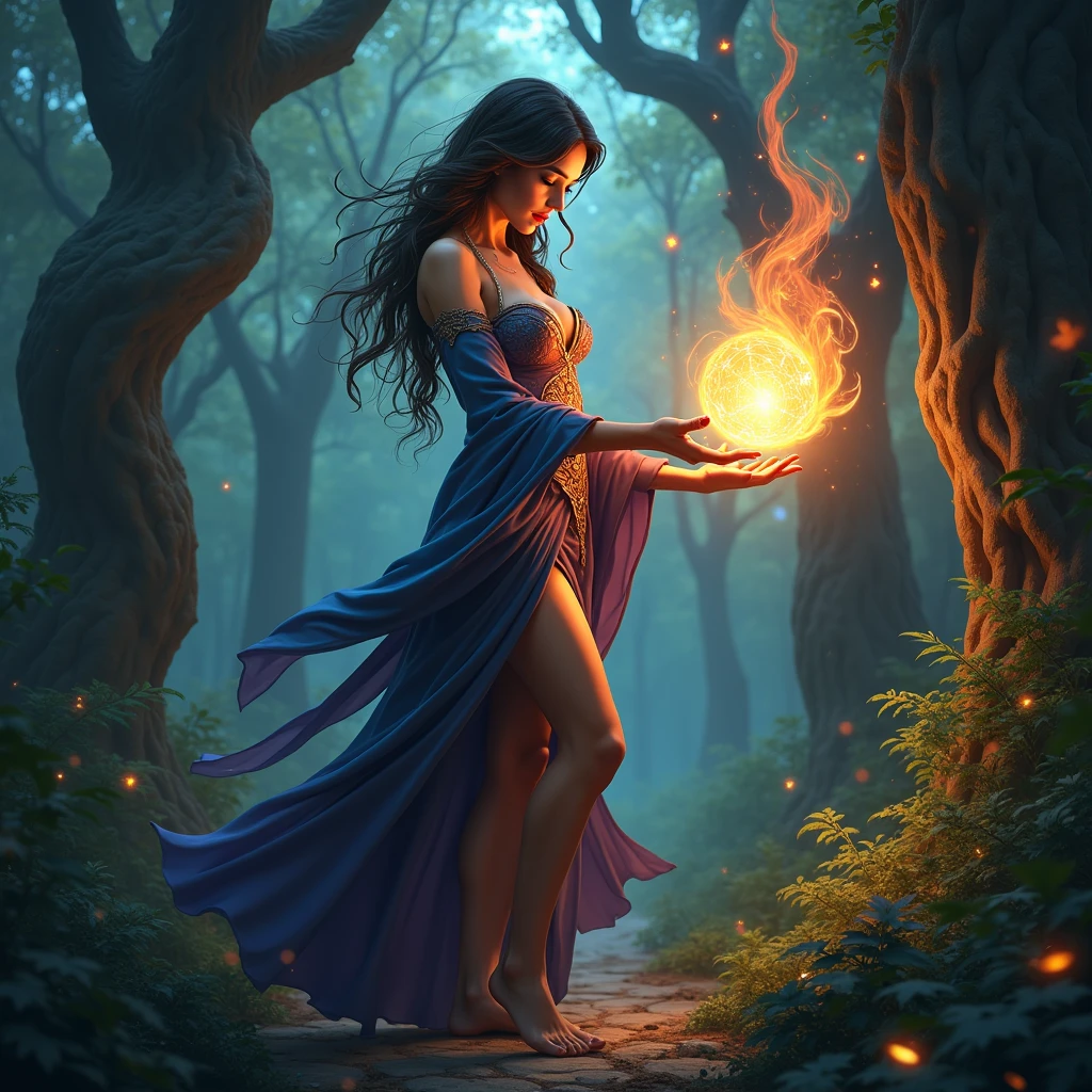  sorceress, beautiful, sexy,  Works Magic in the Middle of the Forest ,  Holds a Ball of Fire in His Hand It's Like Sealed,  and Shimmers in Nutria in Different Colors ,  Detailed Background Trees , dark background, Game of Shadows, bright colors, magic, Fantasy, masterpiece, 8 k, score_9, score_8_up, score_7_up,