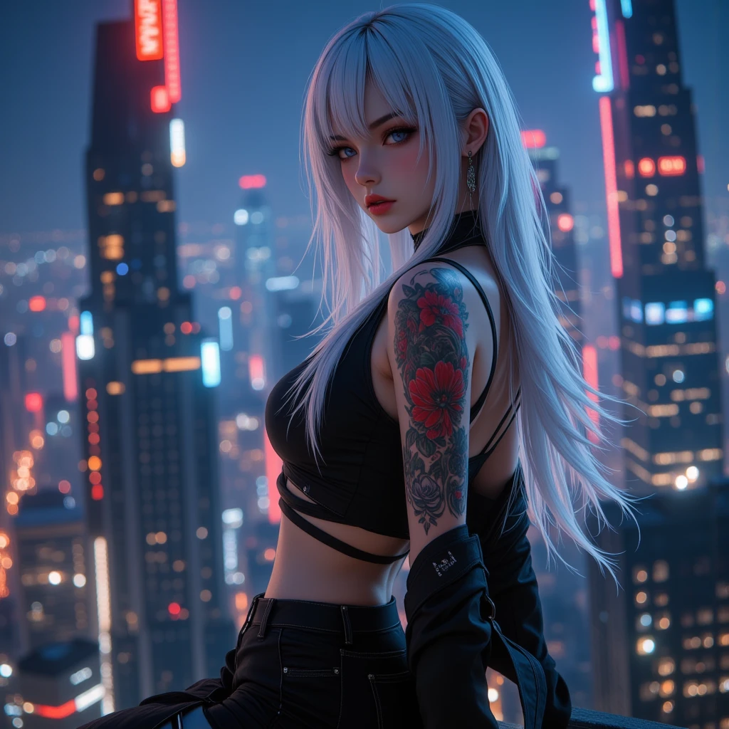 cyberpunk girl , Long straight white hair,  Red Lips , shirt, Tight, Closure , Tattoos , stand, skirt, skirtพลีท,  Skyline of Tall Buildings, Top of the building, nighttime, city, Wide angle view, Look at the side, Dark tone,  optical difference, intensive, Neon