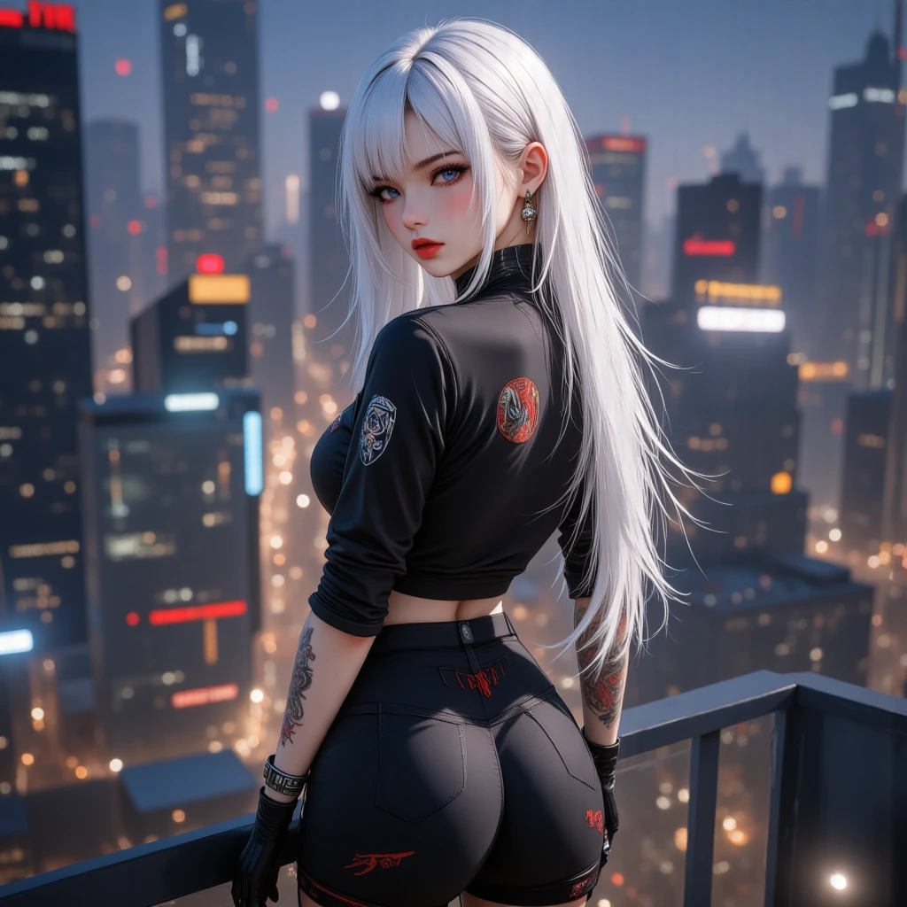 Full body photo, cyberpunk girl , Pure white hair, Long hair,Straight hair,  Red Lips , shirt, Tight, Closure , Tattoos , stand, skirt, skirtพลีท,  Skyline of Tall Buildings, Top of the building, nighttime, city, High angle view, Look at the side, Dark tone,  optical difference, intensive, 3D rendering 