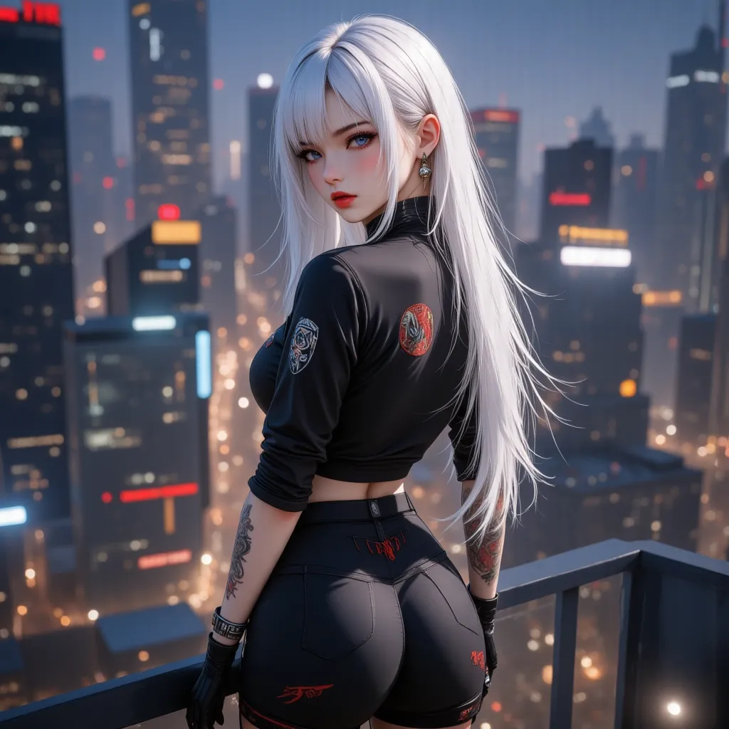 full body photo, cyberpunk girl , pure white hair, long hair,straight hair,  red lips , shirt, tight, closure , tattoos , stand,...