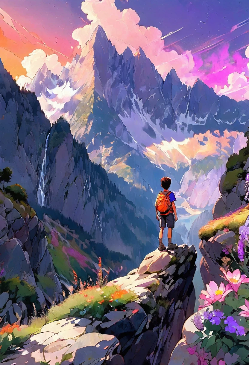 a young boy standing on a rocky cliff overlooking a breathtaking mountain landscape at sunrise, vibrant orange pink and purple sky, golden light on rugged peaks, lush greenery and wildflowers, sense of wonder and adventure, 4k, hyper detailed, photorealistic, masterpiece, cinematic lighting, dramatic composition, epic scale, digital painting