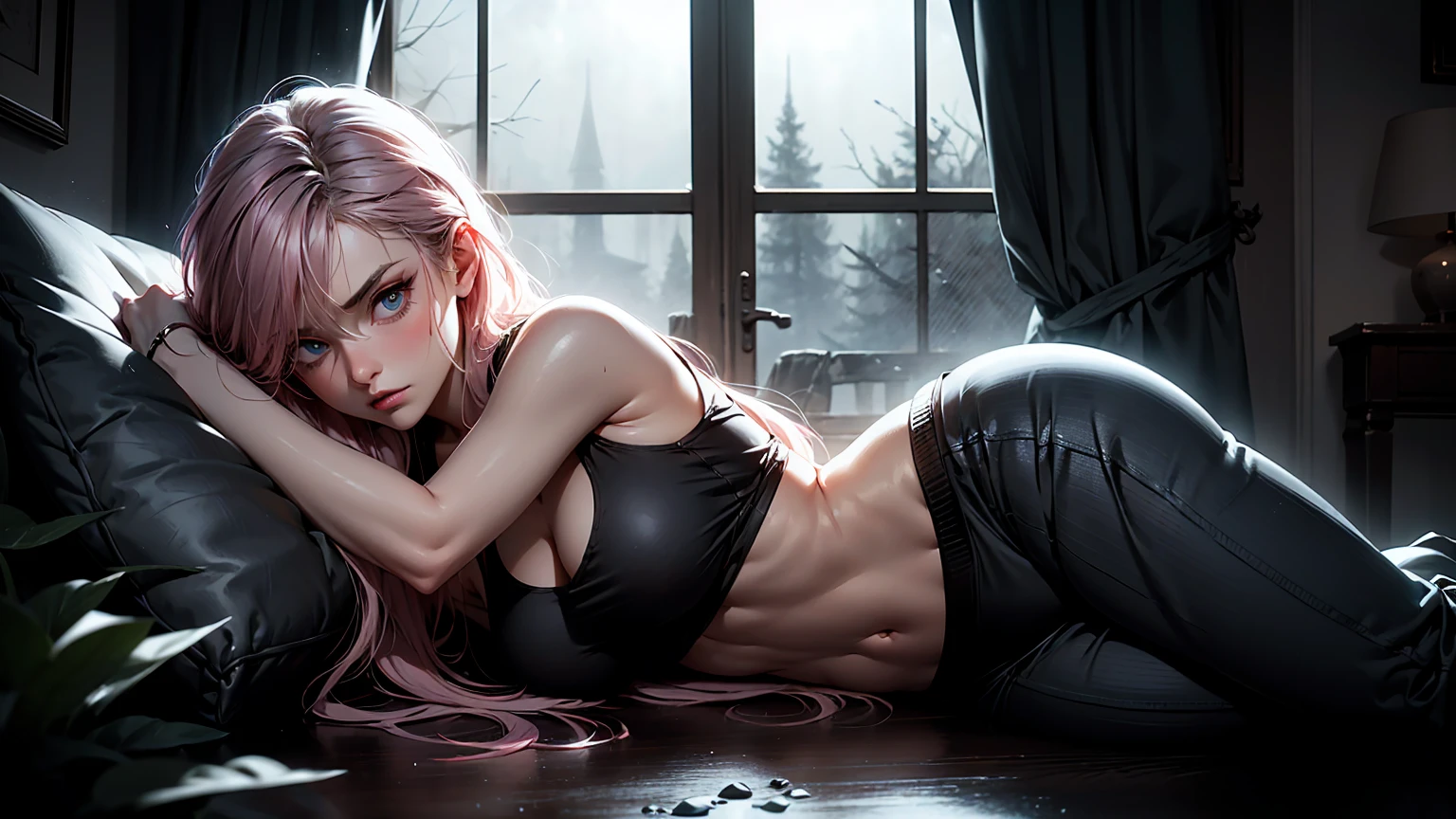 Create a haunting, high-quality image of a 20-year-old woman with tan skin and long, disheveled pink hair. Her beautiful, expressive eyes now have an eerie, glowing intensity, hinting at something supernatural. She wears a torn and ragged tank top that reveals her midriff, along with tight, damp sleep pants clinging to her body, accentuating her perfect yet vulnerable figure. The fabric appears tattered and soaked, adding to the unsettling atmosphere.

The scene is a close-up shot of her in a dimly lit, abandoned room. An open window allows a cold, chilling breeze to flow through, moving her hair slightly. The moonlight streaming through the window casts deep shadows, distorting her face and surroundings. She stares directly at the camera with a terrified yet subtly seductive expression, her wide eyes filled with fear, as if she's sensing something lurking in the darkness. Her cheeks are flushed with a hint of blush, enhancing the tension.

Outside the window, a twisted, foreboding forest looms under a menacing full moon. The trees are skeletal and gnarled, swaying ominously in the wind. The atmosphere is soaked with moisture, reflecting the light in unsettling ways, and the wet surfaces add a cold, grim sheen to the entire setting. There’s a palpable sense of dread, as if something dangerous is watching her from the shadows.