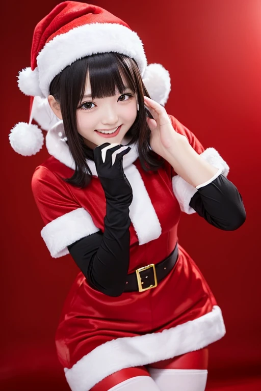 masterpiece,Japanese. 1 girl, Serina,loose inner wrap .blackい_hair, gloves, black_gloves, fur_trim, Have, Santa_Costumes, Christmas, open_mouth, smile, Bell, Alone, red_ headwear, pantyhose, white_background, blackい_eye, Santa_Have, 