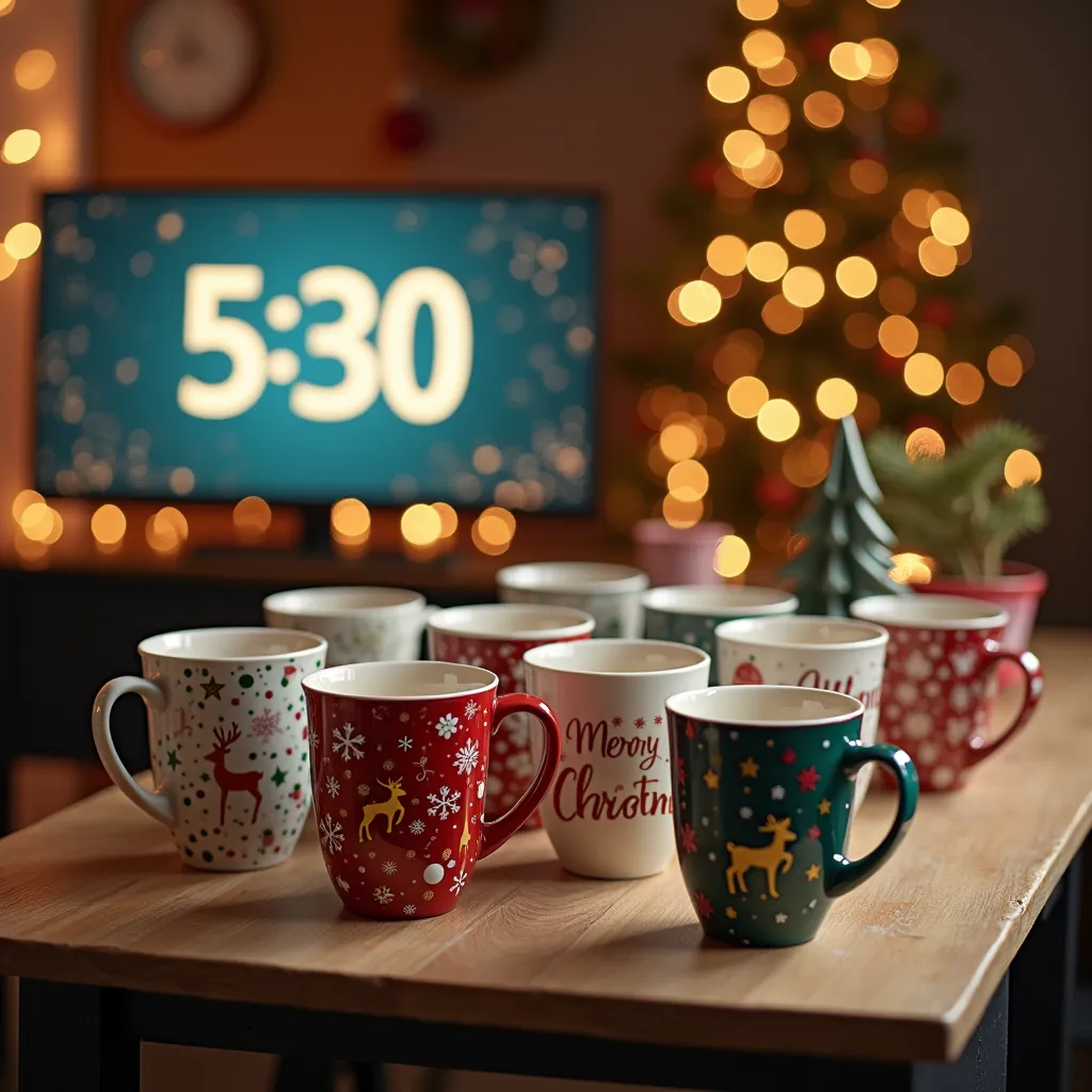 A high-quality image featuring a variety of custom-designed Christmas mugs, each showcasing unique festive patterns such as snowflakes, reindeer, Christmas trees, and holiday greetings. The mugs are arranged neatly on a wooden table with soft warm lighting, creating a cozy holiday vibe. In the background, a digital screen displays a countdown timer in bold numbers, suggesting urgency for a special holiday sale. The scene has a festive ambiance with subtle Christmas decorations, such as garlands and fairy lights, softly blurred in the background., UHD