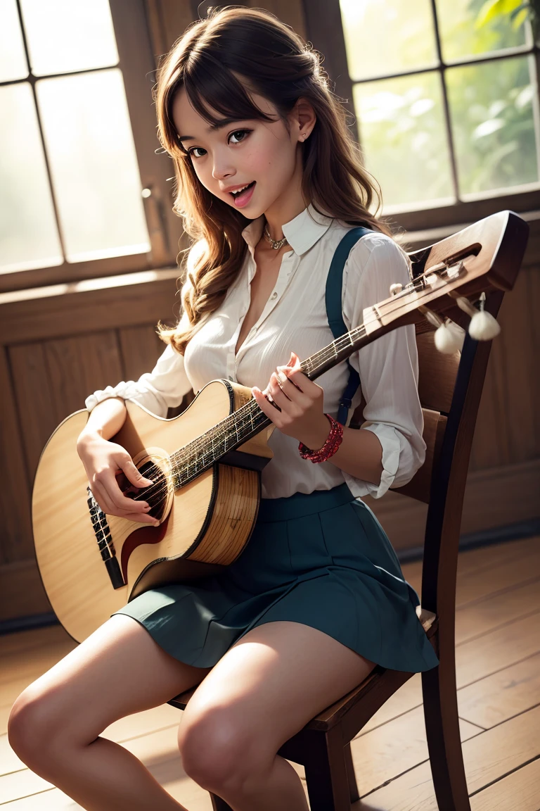 1 girl, lute (instrument), blonde, Blue eyes, (session with the legs wide open:1.2), blurred background, , bracelet, Braid, breasts, brown shoes, brown vest, chair, deep neckline,  depth of field, dress,  Head tilt , inside, jewelry, Lips, long hair, long sleeves,  looking at the spectator, make up, medium breasts, bottom blouse, collar,  open mouth, (playing lute:1.4), realistic, shirt,  extend the legs , session, skirt, smile, white shirt, window, wooden floor,