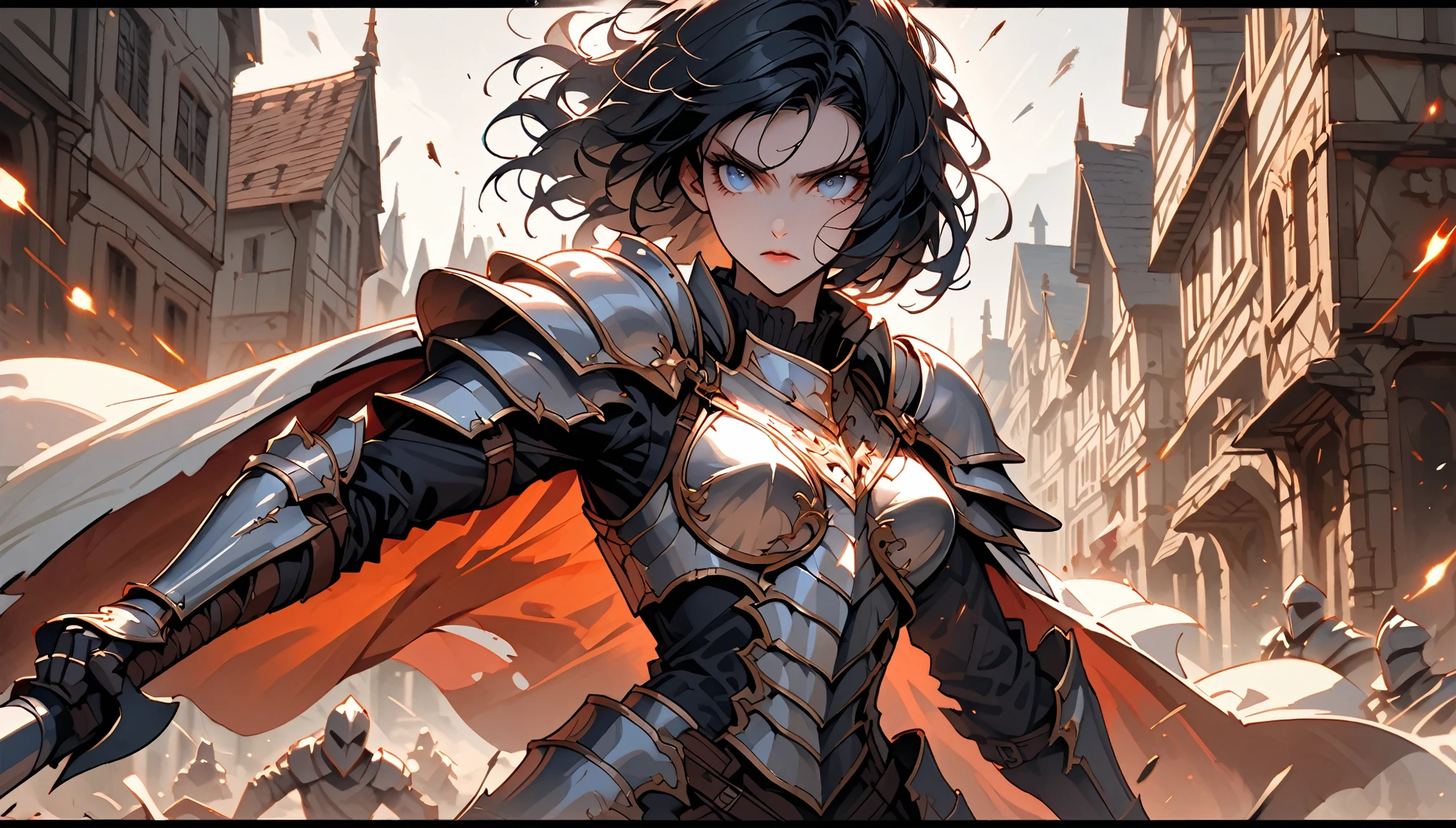 female focus, tall, cowboy shot, armor, knight, feminine armor, cropped hair, messy hair, black hair, broad shoulders, slightly bulky body, blue eyes, shy smile, fluttering, close up, cape, adult, heroic, town, large female, muscular, receiving flowers, cheering crowd, 