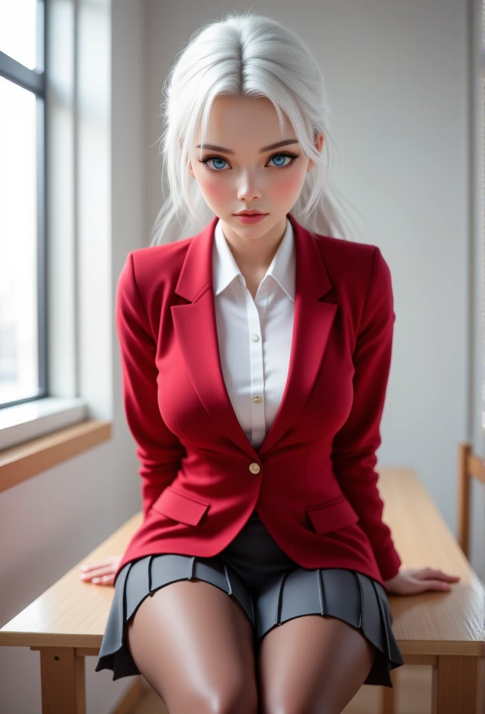 "1 girl,  CG 8k with incredible detail, A flawless model, The idol is mesmerizing, Stunning face, Graceful beauty, Clean white hair, Ring braid, Attractive blue eyes,  Kakegurui school uniform,  redblazer, White shirt, Gray folded skirt,  Brown tights, Sit on the table  , Full body , 