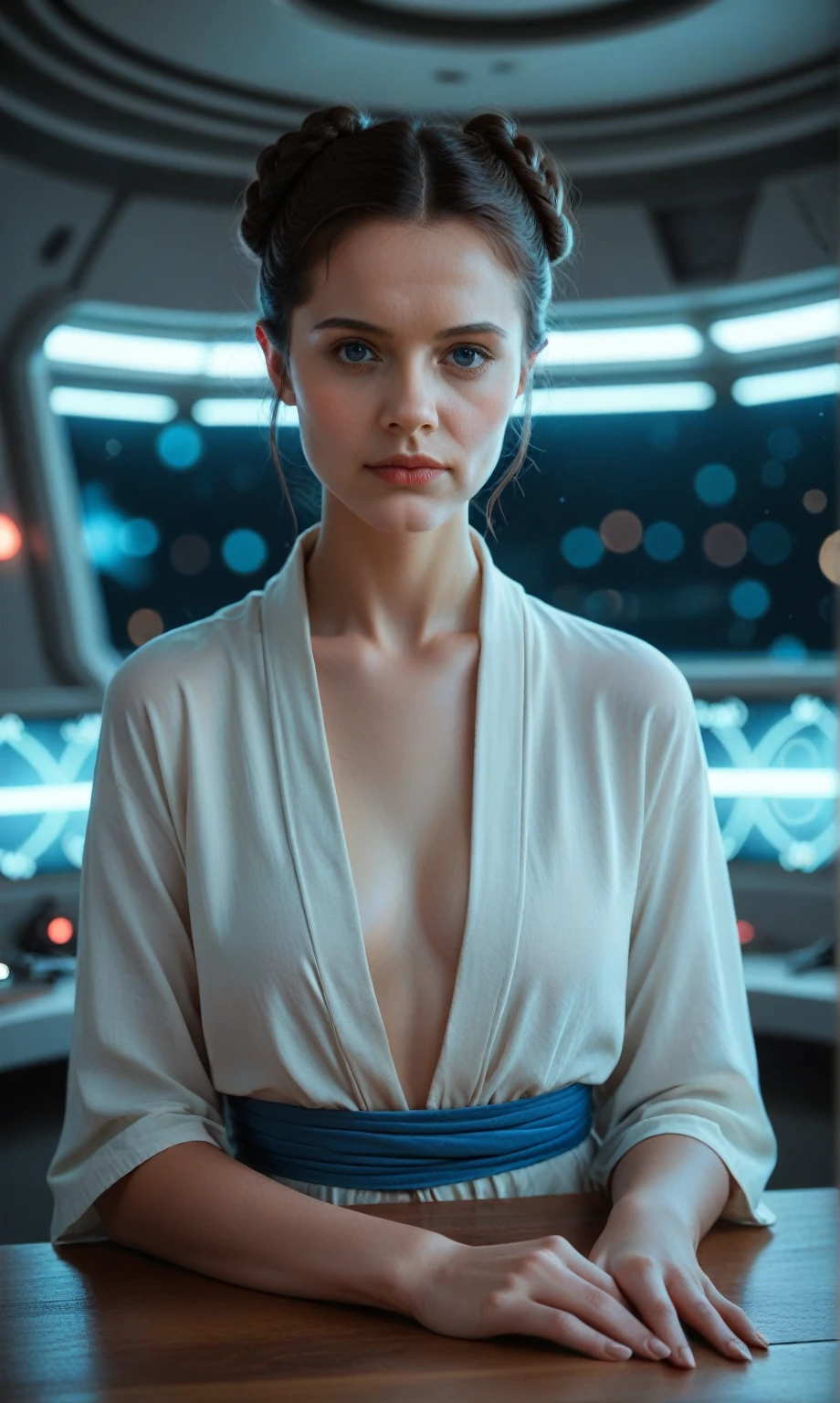 score_9, score_8_up, score_7_up, score_6_up, photo, realism, photorealistic, front view, huttslayer leia, posing on board a spaceship, looking at viewer, depth of field, bokeh, low light, neon glow, blue neon, star wars, film grain