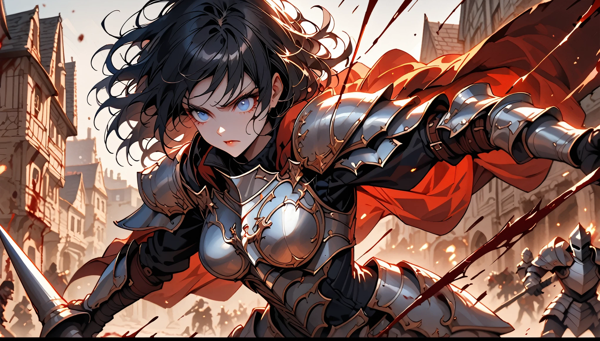 female focus, tall, cowboy shot, armor, knight, feminine armor, cropped hair, messy hair, black hair, broad shoulders, slightly bulky body, blue eyes, shy smile, fluttering, close up, cape, adult, heroic, town, large female, muscular, receiving flowers, cheering crowd, 