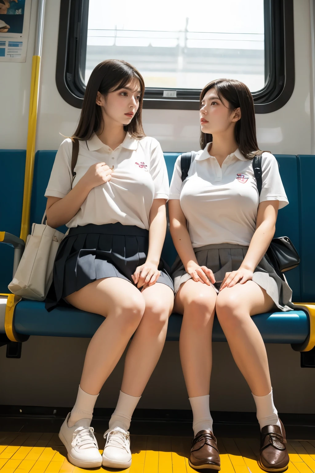 heavy rain, Soaking wet, Long Hair, bangs, (Two Girls:1.2), skirt, Brown Hair, shirt, Black Hair, Short sleeve, Brown eyes,  Long Hair, sitting in Train seat, white polo shirt, pleated skirt, Open clothes, shoes, socks, Striped, collared shirt, Hands behind back, bag, Pantyhose, Brown footwear, , school bag, Wet, (From below:1.2), (Plump breast:1.3)